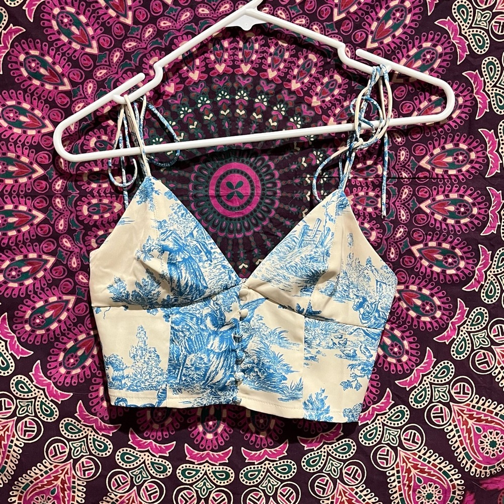 corset blue and white patterned tank top that ties over the shoulders